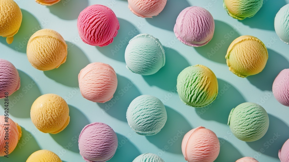 Fototapeta premium scoops of colorful ice cream balls on bright teal plain background, frozen dessert for summer treats