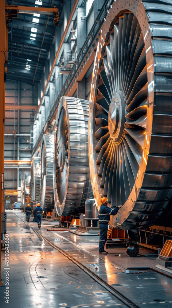 Obraz premium Large Turbines In Factory Setting illustrating the scale of industrial equipment and the precision of engineering in a modern factory.