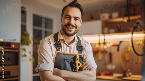 portrait of a smiling Caucasian young electrician in uniform with a tool while in a house where he performs electrical work © Photolife  