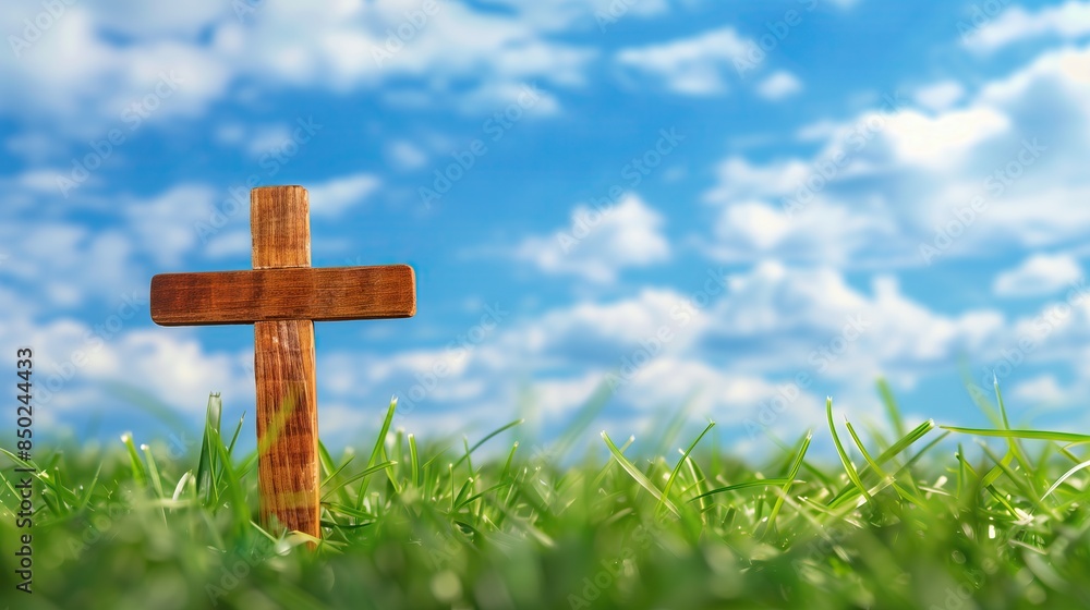 small wooden cross on grass with blue skies, copy space small wooden cross on grass with blue skies, copy space