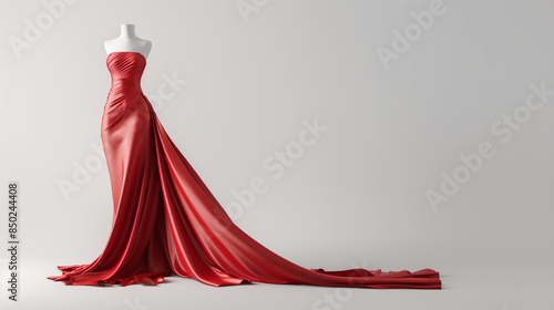 Red dress draped on a mannequin against a white minimalist background with copy space