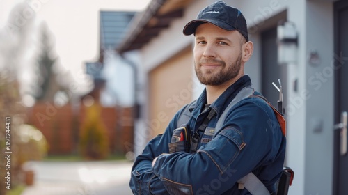 portrait of a smiling Caucasian electrician or Internet network installer in uniform with a tool near the customer's house