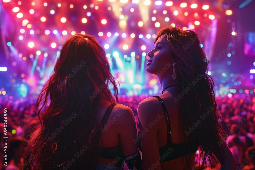 Girls in stylish clubbing outfits partying at a concert. Crowd of people having fun at a music festival. Nightlife concept Girls in stylish clubbing outfits partying at a concert. Crowd of people having fun at a music festival. Nightlife concept