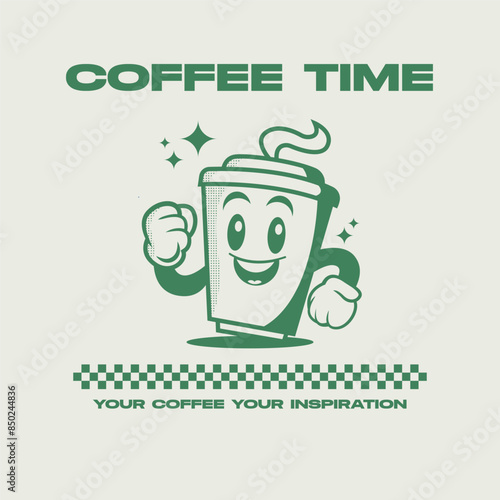 Retro cartoon style, illustration of happy coffee cup character