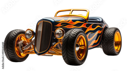 Classic Blue And Gold Hot Rod With Flame Design On White Background