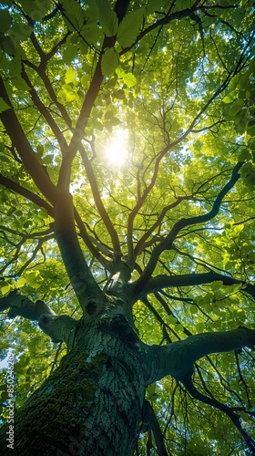 Green leafy branches tree background, nature concept, copy space. mockup. view from under. vertical.