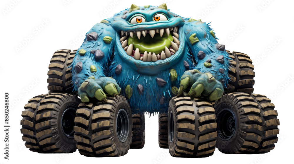 Fototapeta premium Blue Monster Plush Toy Sitting on Large Tires