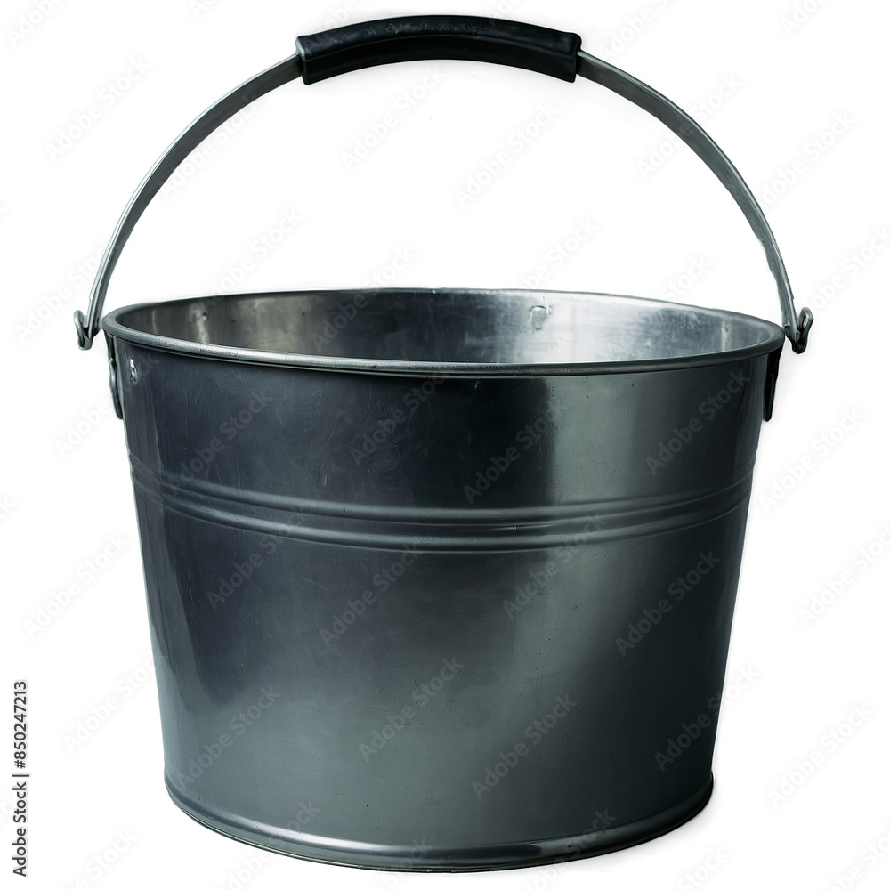A metal bucket with a handle showcased against a transparent white background, a clear png image for versatile use A metal bucket with a handle showcased against a transparent white background, a clear png image for versatile use