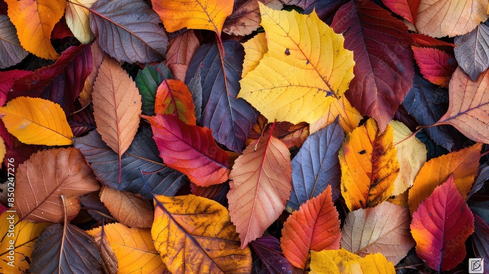Close-up of a pile of fallen leaves with autumn colors on the ground Close-up of a pile of fallen leaves with autumn colors on the ground