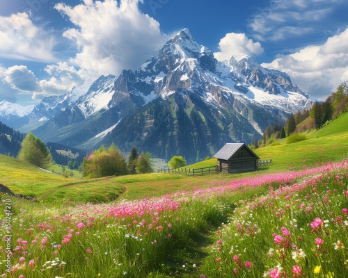 Sunny day in the alps  high quality image of springtime mountain landscape with blooming meadows © Yurij