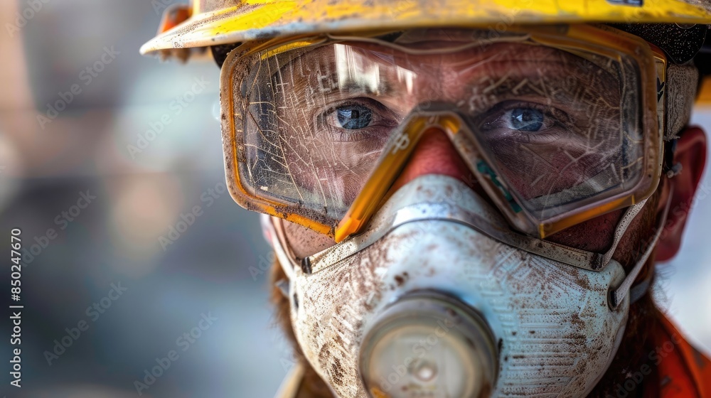 Fototapeta premium Close-up of a road worker's face with protective goggles and a dust mask