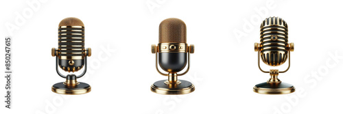 Set of golden black microphone illustration, isolated over on transparent white background