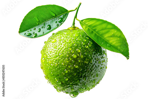 A ripe, bright lime with a fresh green leaf, suitable for food, drink, and health related topics isolated on white transparent background photo