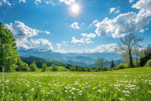 Sunny alpine spring idyllic mountain landscape with blossoming meadows in the alps