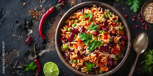 Overhead shot of traditional Indian dish rajma chawal with kidney beans. Concept Food Photography, Indian Cuisine, Overhead Shot, Rajma Chawal, Kidney Beans photo