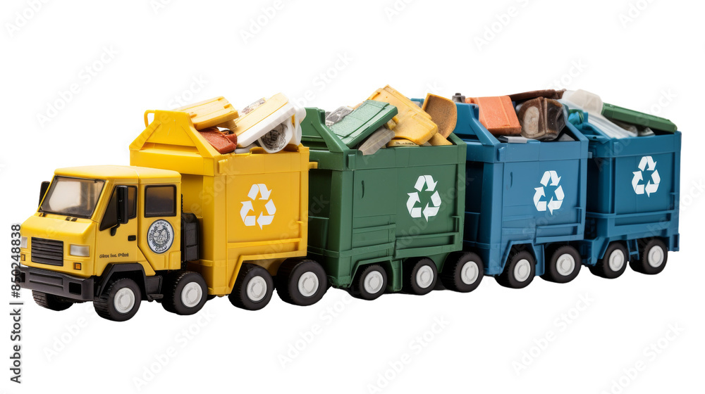 Yellow Recycling Truck With Three Compartments Filled With Waste Yellow Recycling Truck With Three Compartments Filled With Waste