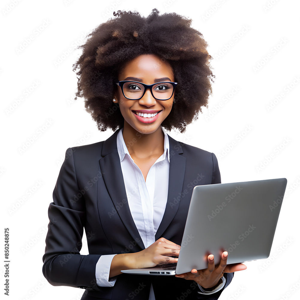 © ARVD73 - Afro curly haired business woman wearing glasses, with laptop cut out on isolated white transparent background.