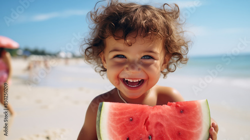 Funny Little Girl Eating Watermelon and Making Faces on the Beach photo