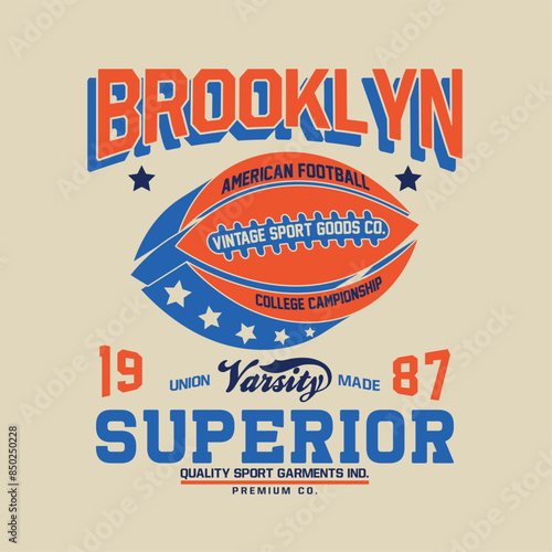 vintage varsity style tee print design with American football ball drawing as vector