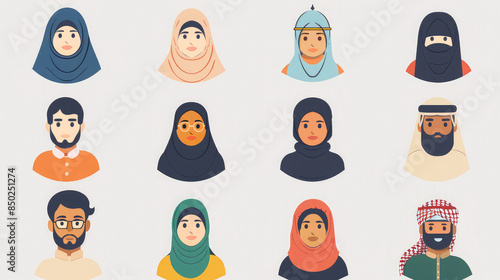 icons avatars islamic sepatate gif people support flat illustrations minimalizm east Muslim individuals wearing various traditional and modern attire, including hijab, niqab, and keffiyeh photo