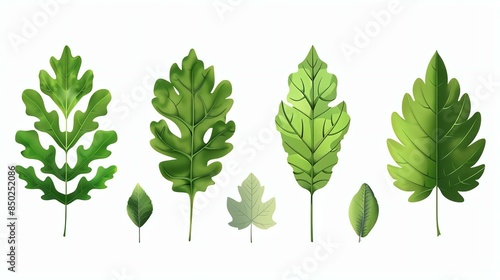 A set of five green leaves of different shapes. The leaves are all facing the same direction and are isolated on a white background. photo