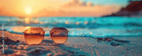 Wallpaper Mural sunglasses on the sandy beach with ocean waves. ai generated Torontodigital.ca