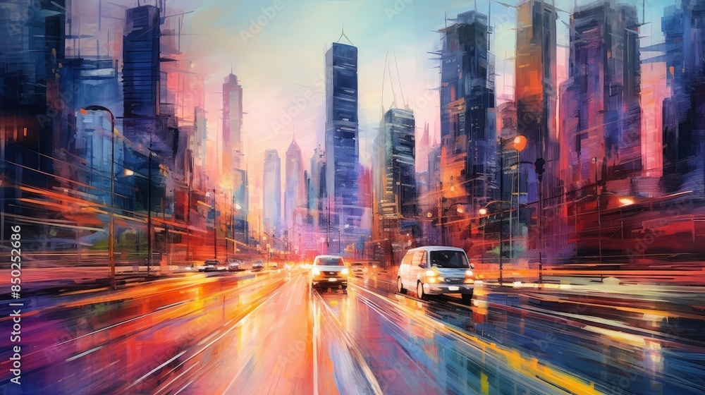 Vibrant cityscape in blurred motion