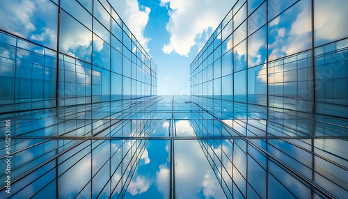 Beautiful view high office building with glass mirrored walls construction