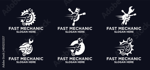 Mechanical technology logo, fast repair shop logo symbol, fast machine maintenance. piston spare parts