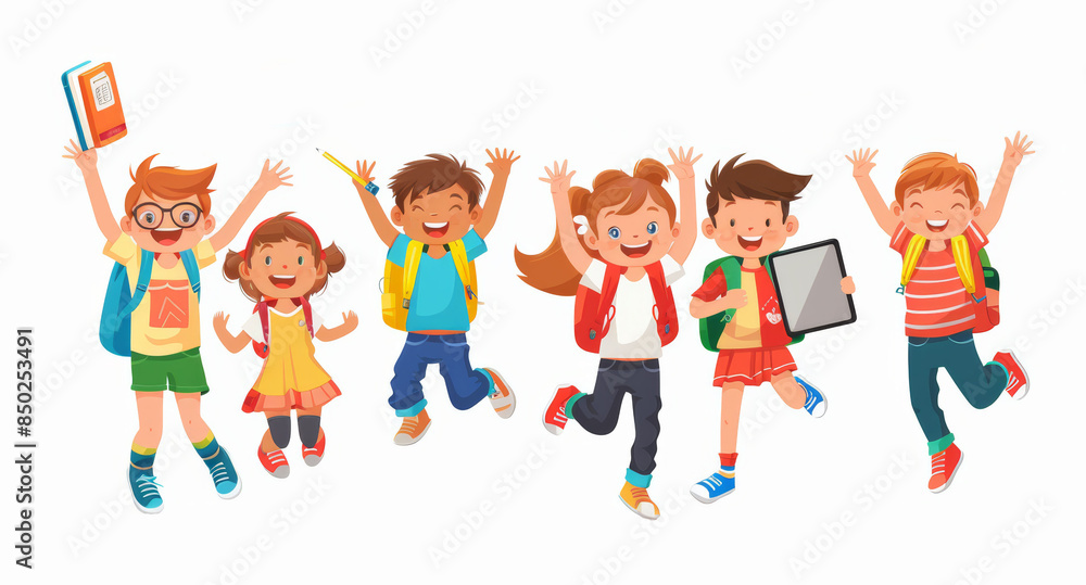 Joyful Cartoon School Children Jumping with Backpacks Joyful Cartoon School Children Jumping with Backpacks