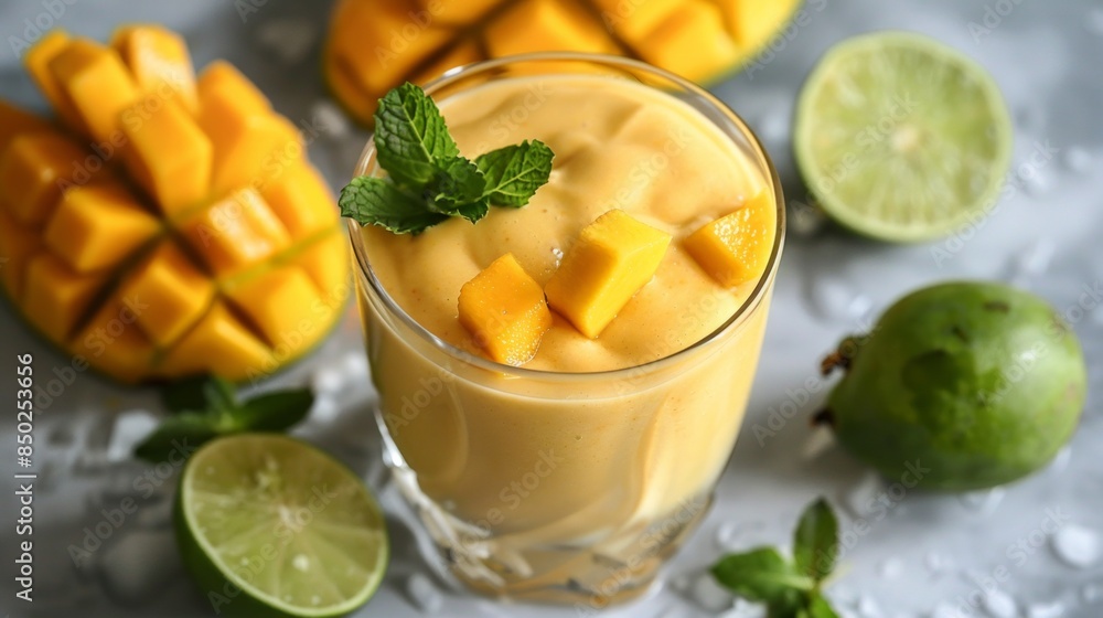 Delicious mango smoothie in glass jar on grey background with copy space. Refreshing summer drink Delicious mango smoothie in glass jar on grey background with copy space. Refreshing summer drink