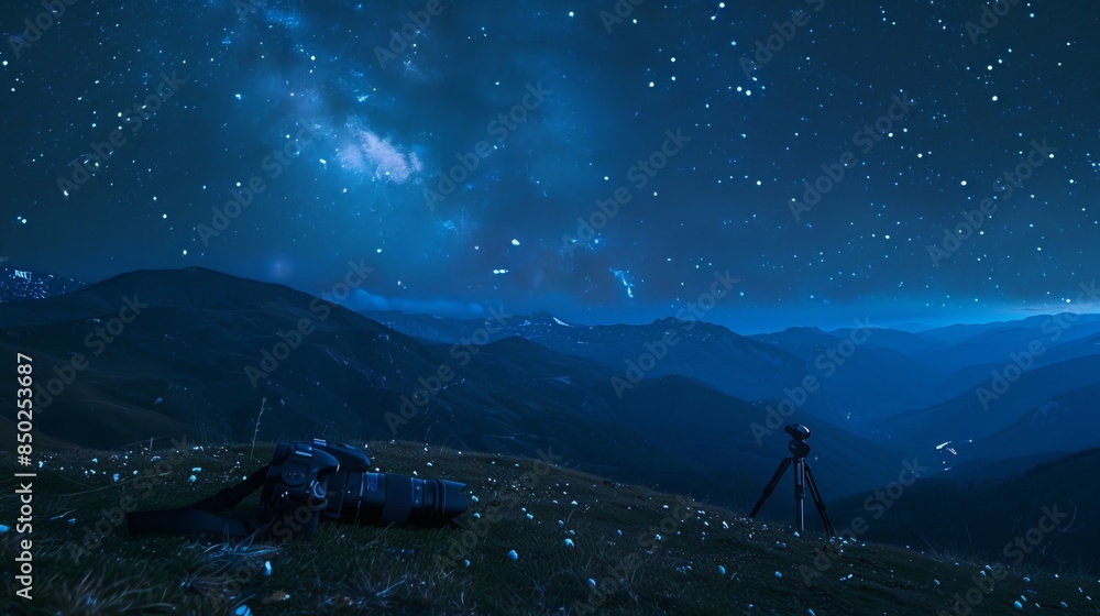 Fototapeta premium Camera: A camera lies on a grassy hilltop, next to a tripod and a pair of binoculars, under the vast expanse of a starry night sky in the wildernes