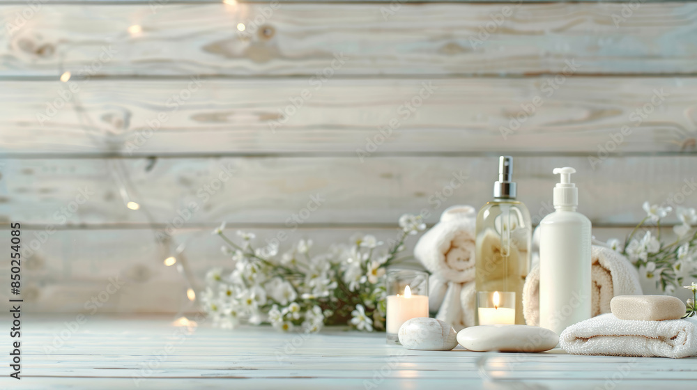 Obraz premium Serene Spa Treatment Flatlay, Natural Creams, Moisturizing Products, and Massage Stones
