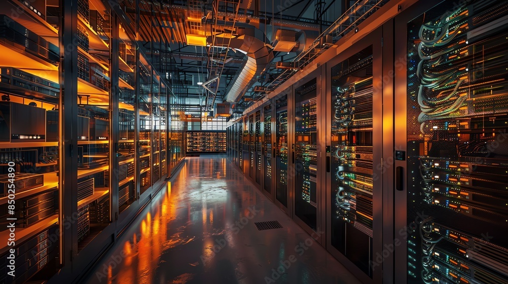 Modern data center with illuminated server racks and advanced networking hardware, showcasing high-tech infrastructure. Modern data center with illuminated server racks and advanced networking hardware, showcasing high-tech infrastructure.