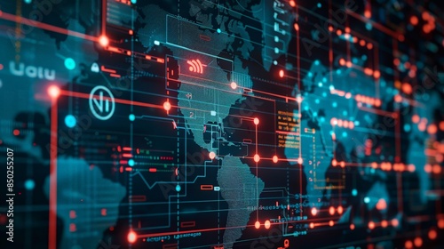 The image shows a glowing blue and red circuit board with a world map in the background.
