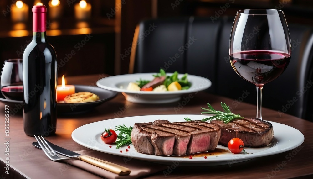 glass of wine and grilled steak on the table of luxury restaurant, romantic dinner concept glass of wine and grilled steak on the table of luxury restaurant, romantic dinner concept