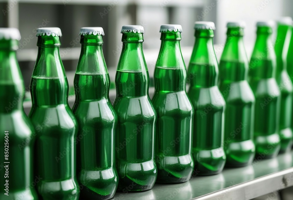 An assembly of shimmering green glass soda bottles systematically moving on a factory conveyor belt An assembly of shimmering green glass soda bottles systematically moving on a factory conveyor belt