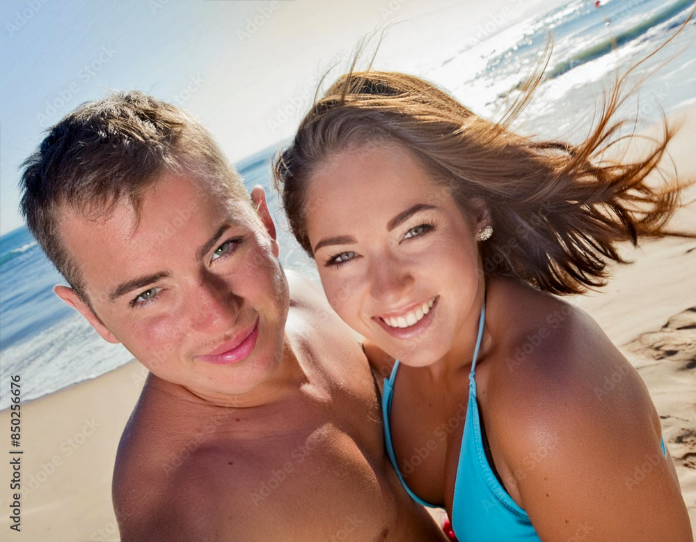 Couple young woman man enjoying on vacation beach on a sunny day Couple young woman man enjoying on vacation beach on a sunny day