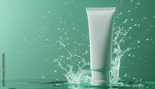 Close up white blank cosmetic cream tube with water splash on bpastel green background photo