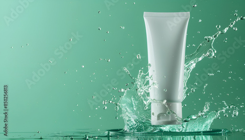 Close up white blank cosmetic cream tube with water splash on bpastel green background photo