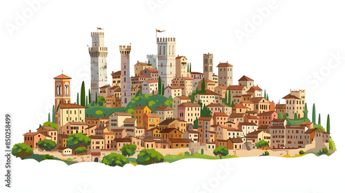 medieval san gimignano hill town with skyline of medieval towers, including the stone torre grossa. province of siena, tuscany, italy isolated on white background, png photo