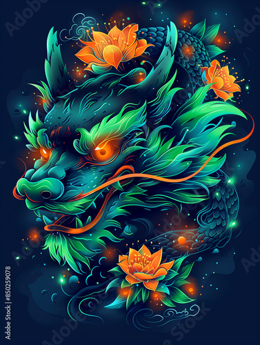 A dragon with green scales and orange flowers on its head © Bonya Sharp Claw