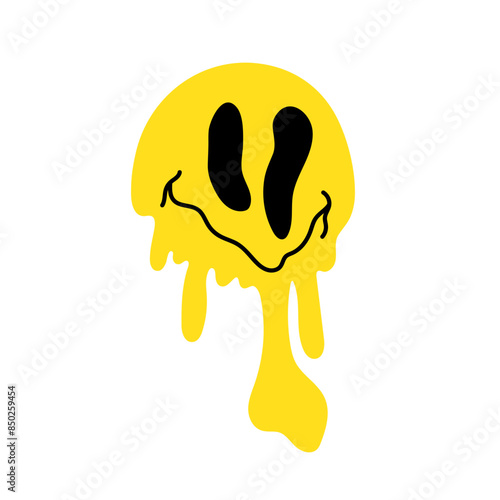 Dripping emoticon flat style. Funny face on a white background. Retro badges, 2000s badges.