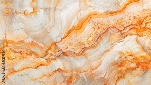 Realistic image of natural marble stone, showcasing elaborate orange and white veining The stone s surface is smooth and polished photo