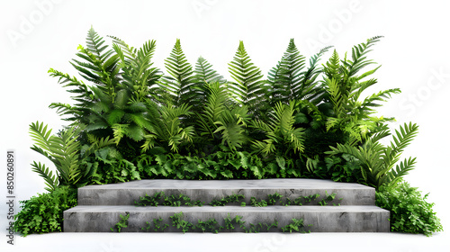 summer fern garden backdrop with natural beauty podium backdrop. 3d rendering isolated on white background, flat design, png photo