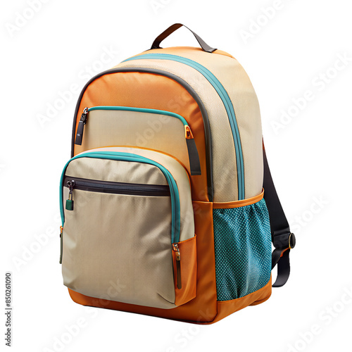 A multi-colored backpack with a blue strap isolated on transparent background png. photo