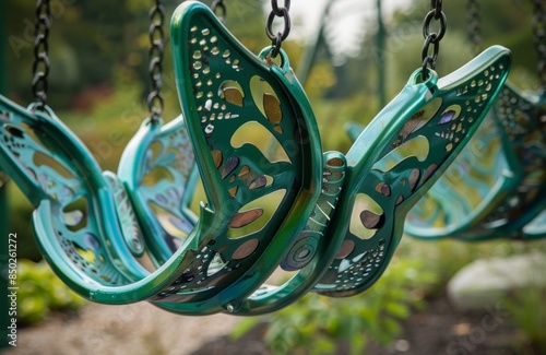 A butterflyshaped swing set made from recycled plastic is the centerpiece of a natureinspired playground. photo