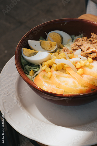 Fresh Salad Bowl with Tuna, Egg, and Vegetables