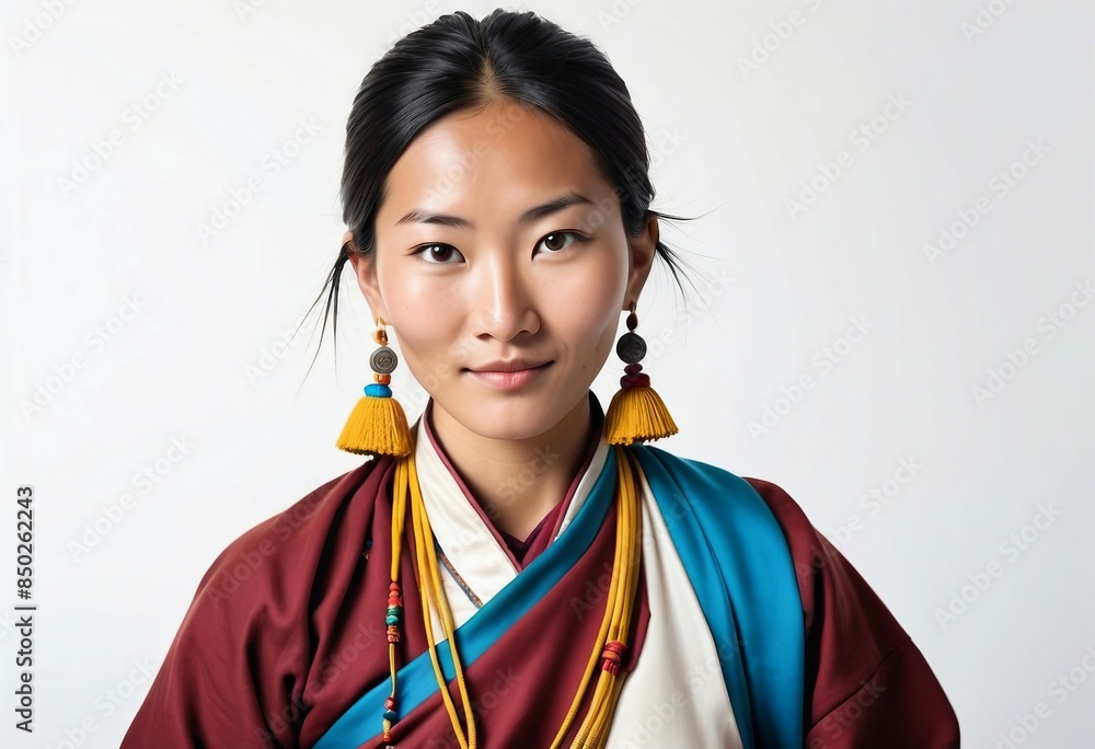 portrait of Tibetan woman in traditional dress, isolated white background portrait of Tibetan woman in traditional dress, isolated white background