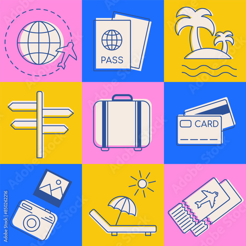 Traveling pattern, summer beach vacation collection, vector elements. Vacation background, trip appliance set. Active tourism icons for tour, camping providers, summer camp, trip, journey abroad.
